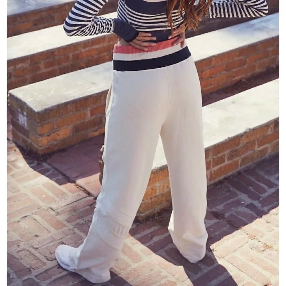 NEW FREE PEOPLE MOVEMENT Sz S EARLY RISER TRACK PANT WIDE LEG PULL ON IVORY